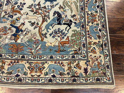 Persian Kashan Pictorial Rug 4.6 x 7, Hunting Scene, SIgned by Masterweaver, Animal Pictorials, Rare, Handmade, Wool, Vintage, Very Fine - Nuvé