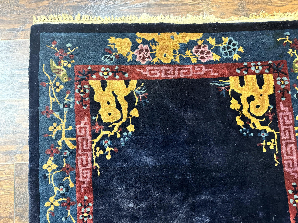 Antique Chinese Peking Rug 3x6, Dark Blue, Bird Motif, Handmade Wool Art Deco Asian Oriental Carpet, Pair B