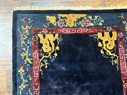 Antique Chinese Peking Rug 3x6, Dark Blue, Bird Motif, Handmade Wool Art Deco Asian Oriental Carpet, Pair B