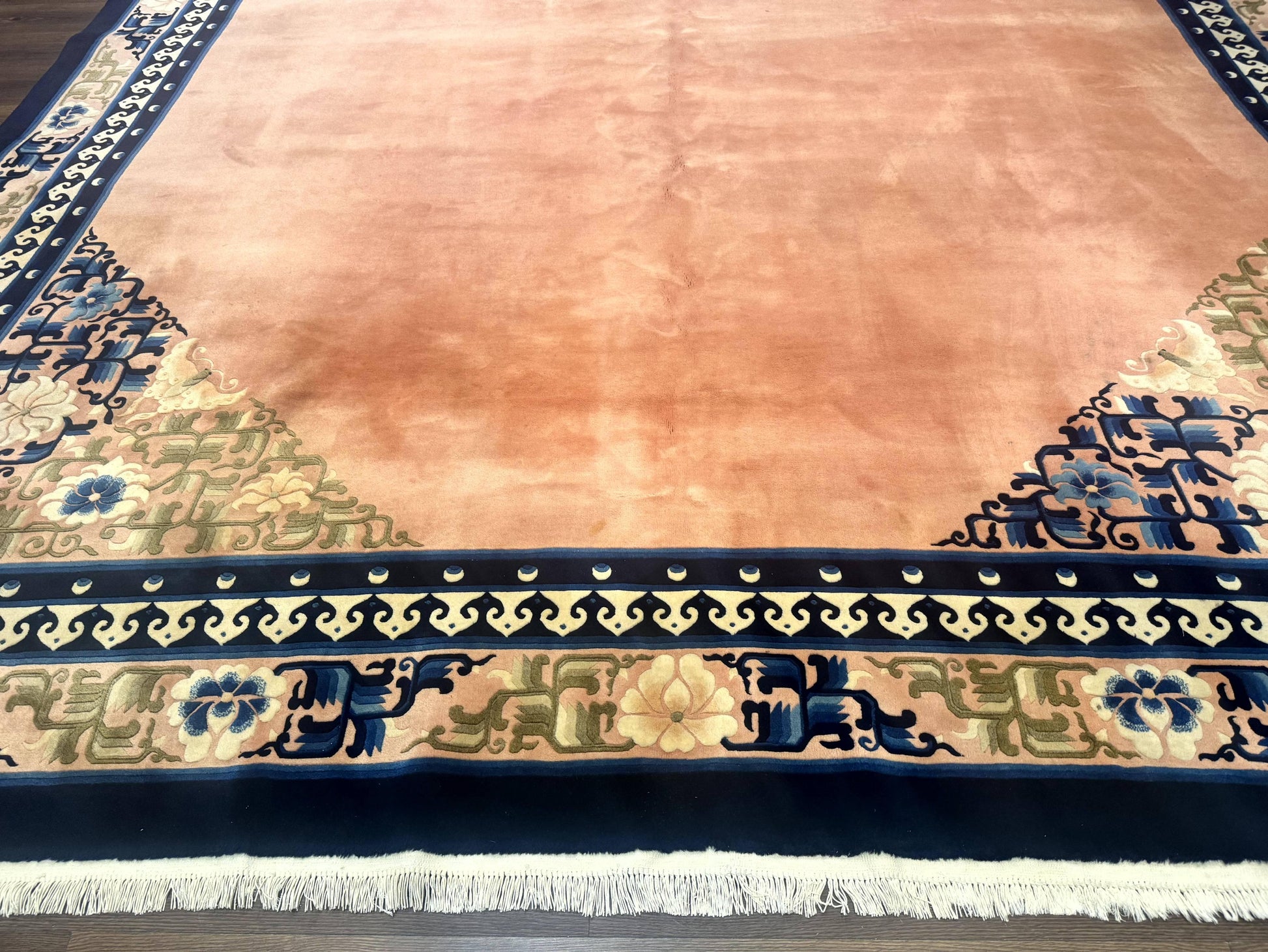Chinese Wool Rug 11x18, Palace Sized Chinese Carpet, Peking Rug, Peach and Blue, Open Field, Simple Design, Art Deco Rug, Large Handmade Rug - Nuvé