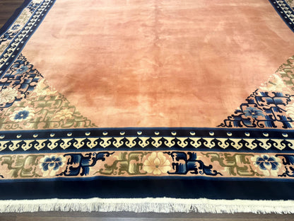 Chinese Wool Rug 11x18, Palace Sized Chinese Carpet, Peking Rug, Peach and Blue, Open Field, Simple Design, Art Deco Rug, Large Handmade Rug - Nuvé