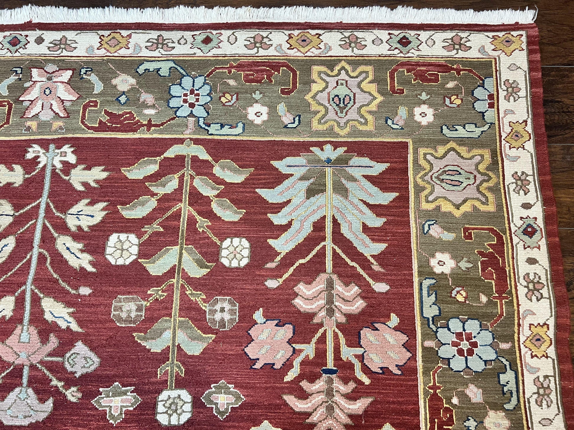 Indian Rug 10x14, Wool Hand Knotted Flatweave Carpet, Tree of Life, Red and Green - Nuvé