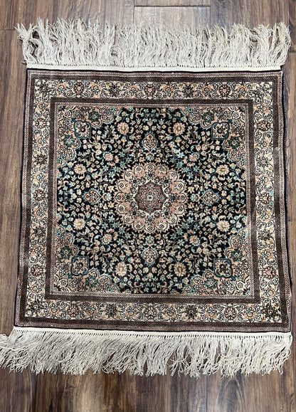Sino Persian Silk Rug 2x2 ft, Very Fine High KPSI Small Silk Oriental Carpet, Hand-Knotted, Medallion, Vintage Silk Rug, Black Ivory/Cream - Nuvé