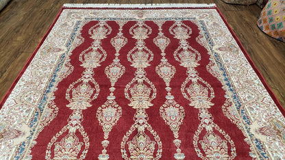 Dark Red Silk Carpet 5.3 x 7.6 ft, 5x8 Silk Rug, New Turkish Silk Carpet, Mint Condition, Beige & Red Area Rug, Bamboo Silk, High Quality - Nuvé