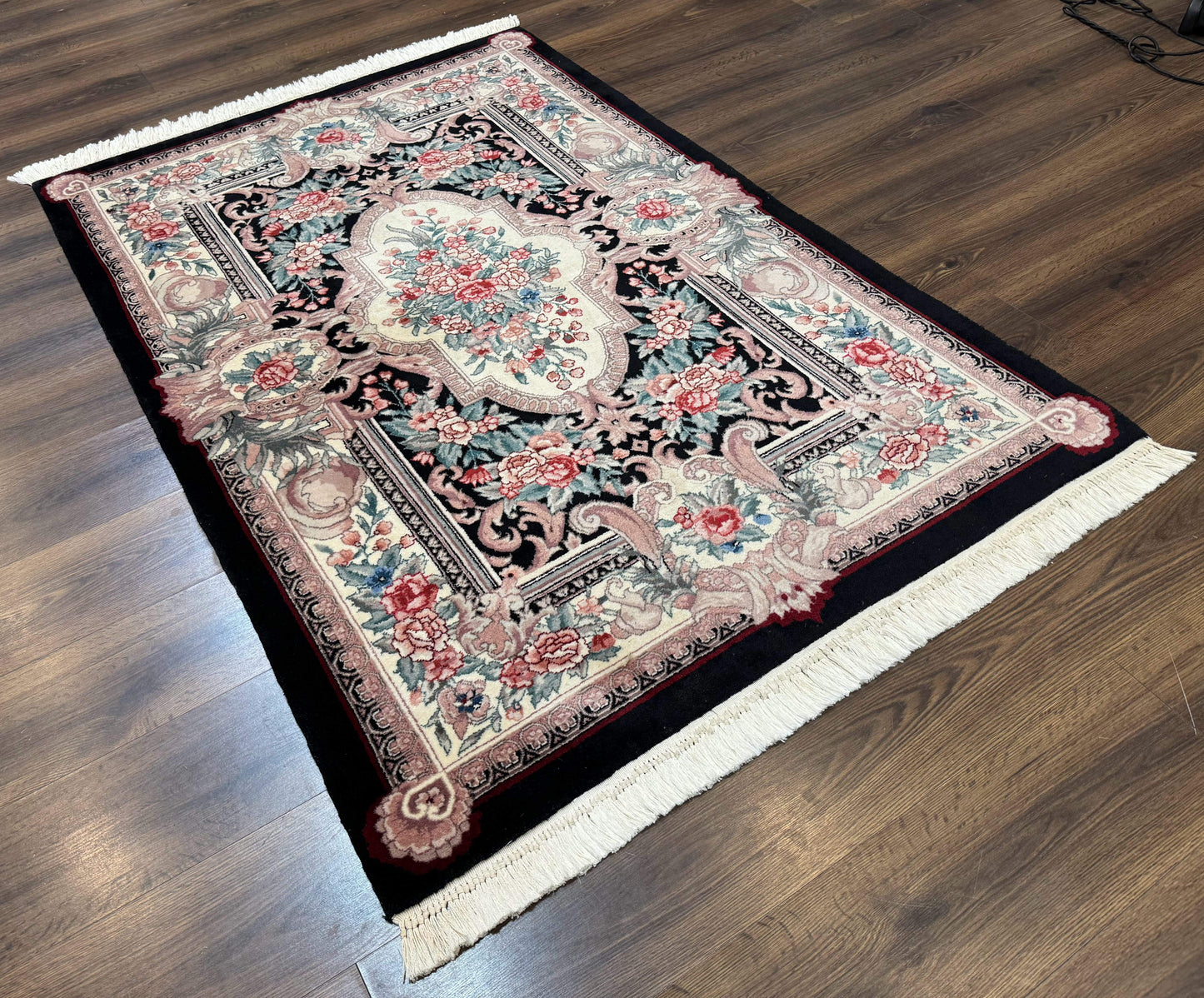 Aubusson Rug 4x6, Elegant European Floral Design, Black and Ivory, Fine 200 KPSI - Nuvé