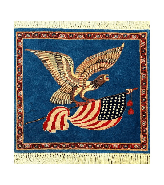 Pictorial Rug of American Flag with Bald Eagle, Small Indo Persian Pictorial Rug, Blue, Handmade, Very Fine 330 KPSI
