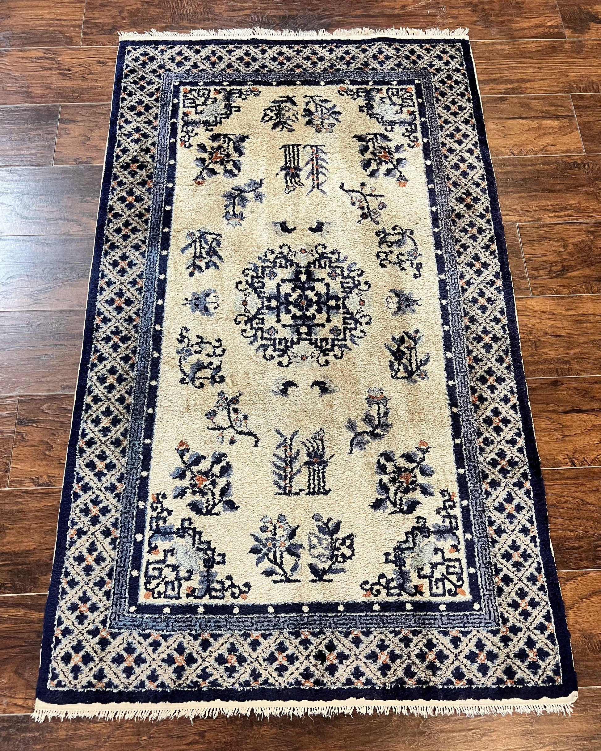 Silk Chinese Rug 3x5, Vintage Handmade Peking Carpet, Asian Oriental Art Deco Rug - Nuvé