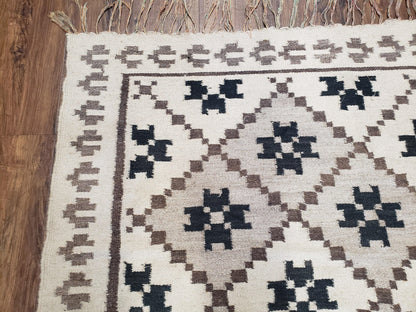 Semi Antique South American Blanket 4x8, Wool Hand-Woven Flatweave Kilim Rug, Handmade Antique Vintage Runner, Ivory & Blue, Diamond Panel - Nuvé