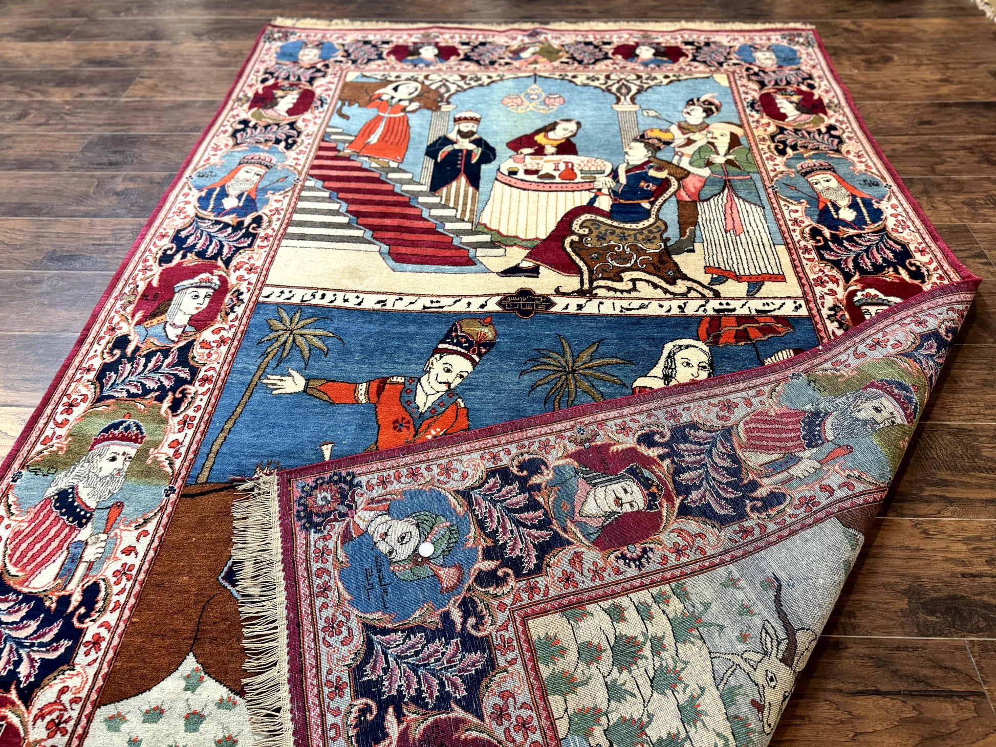Rare Persian Kashan Pictorial Rug 6x9, King Bahram Hunting Scene, Persian Kings, Hand Knotted Persian Rug for Wall Hanging, Antique, Wool - Nuvé