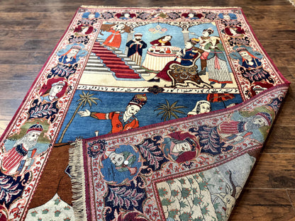 Rare Persian Kashan Pictorial Rug 6x9, King Bahram Hunting Scene, Persian Kings, Hand Knotted Persian Rug for Wall Hanging, Antique, Wool - Nuvé