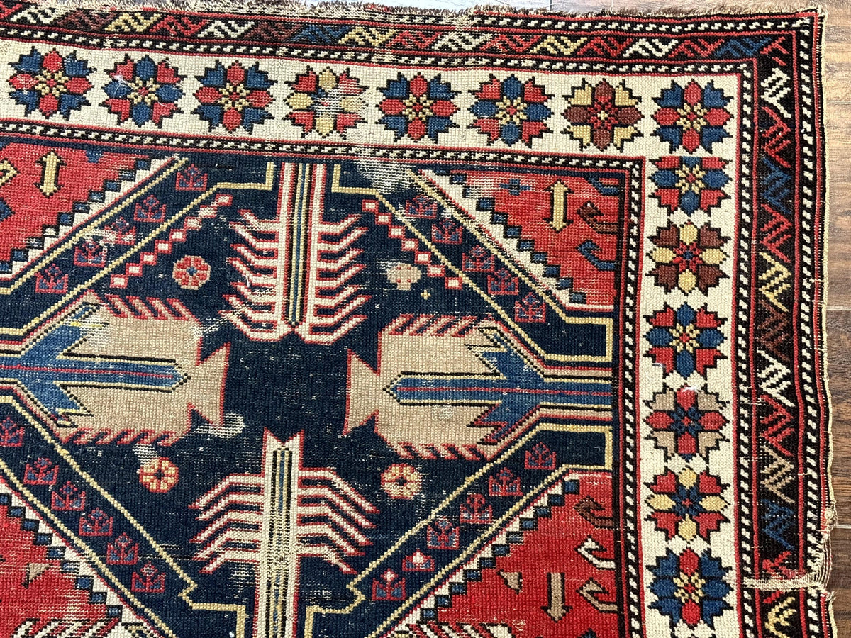 Antique Shirvan Caucasian Rug 3x5, Geometric Pattern, Red Navy Blue Beige
