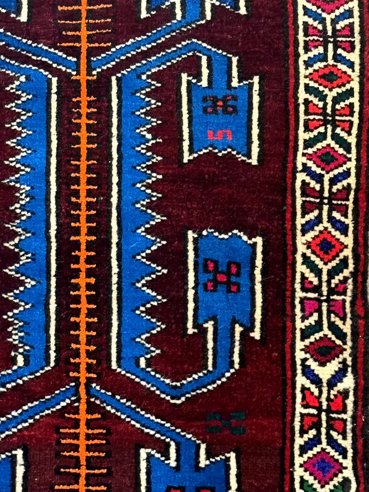 Persian Tribal Rug 1.8 x 2, Small Balouchi Rug, Unique Design, Burgundy and Blue - Nuvé