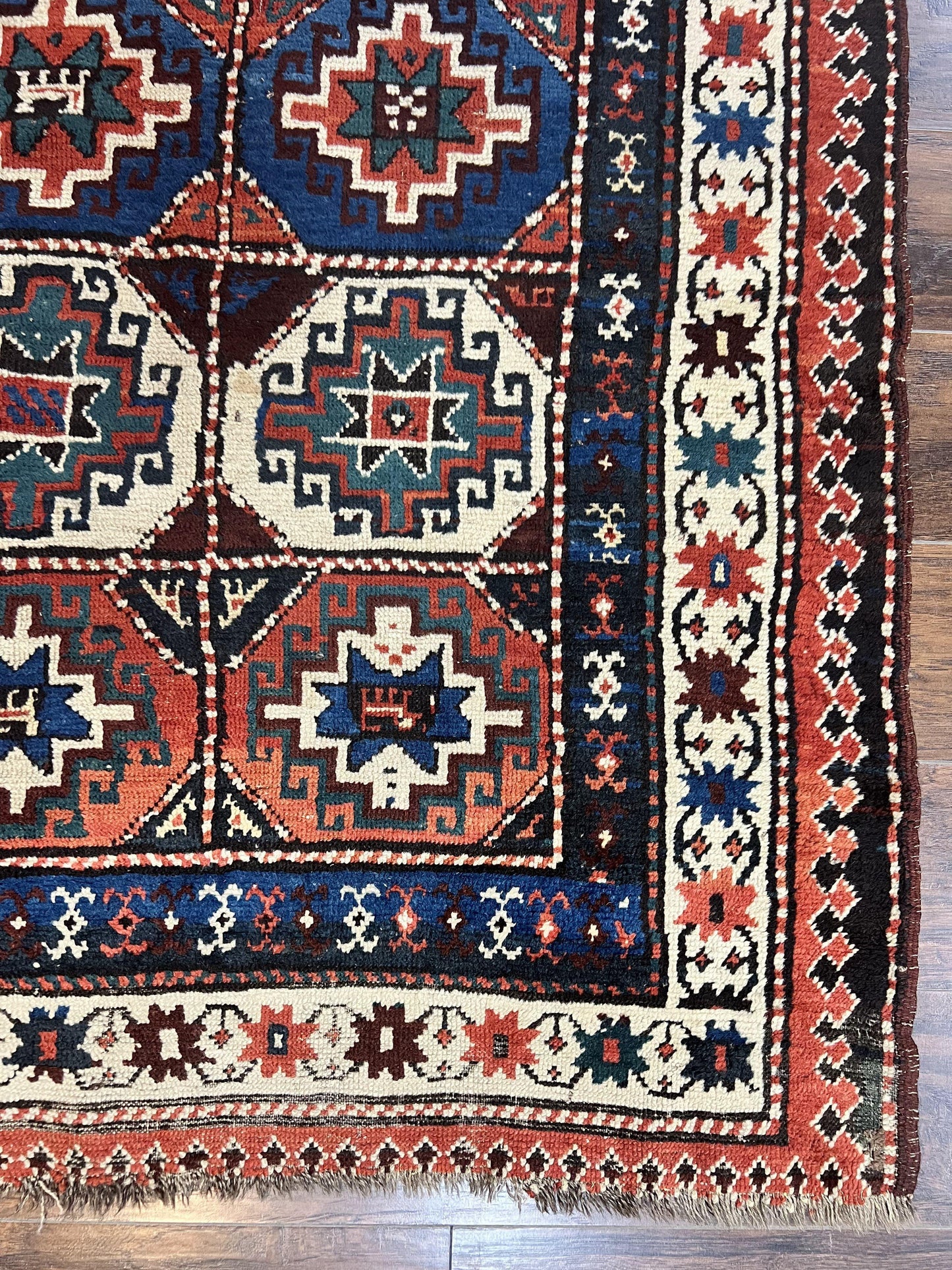 Antique Caucasian Kazak Runner Rug 4 x 9.5, Handmade Wool Rug for Hallway, Rare Colorful Panel Design Mid 19th Century 1870s Oriental Carpet - Nuvé