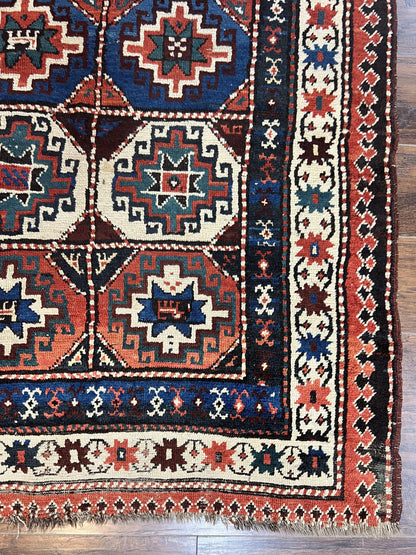 Antique Caucasian Kazak Runner Rug 4 x 9.5, Handmade Wool Rug for Hallway, Rare Colorful Panel Design Mid 19th Century 1870s Oriental Carpet - Nuvé