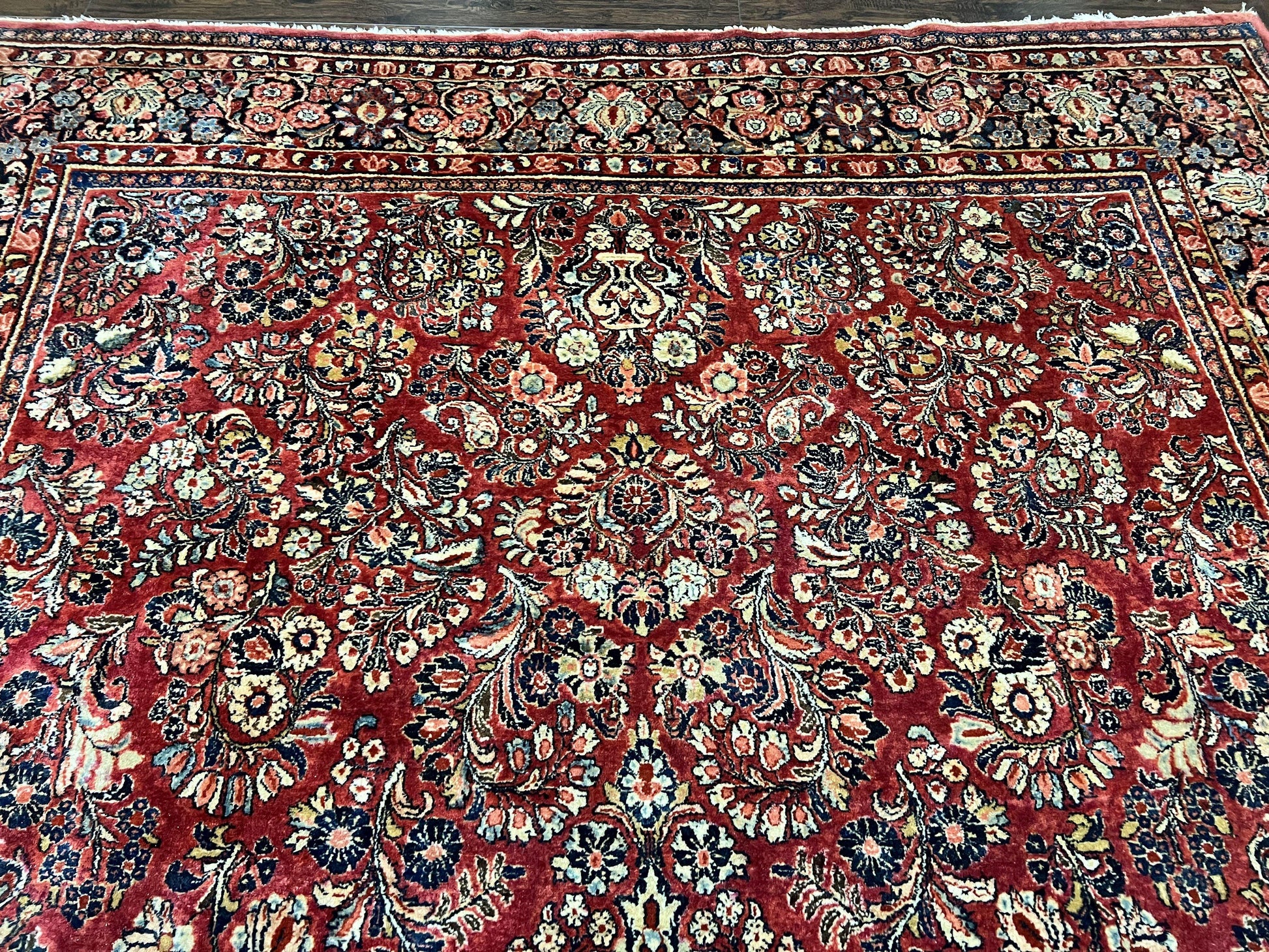 1920s Persian Sarouk Rug 9x12, Red Persian Carpet, High Quality Persian Rug, Allover Floral Pattern, Antique Oriental Rug, Wool Handmade Room Sized - Nuvé