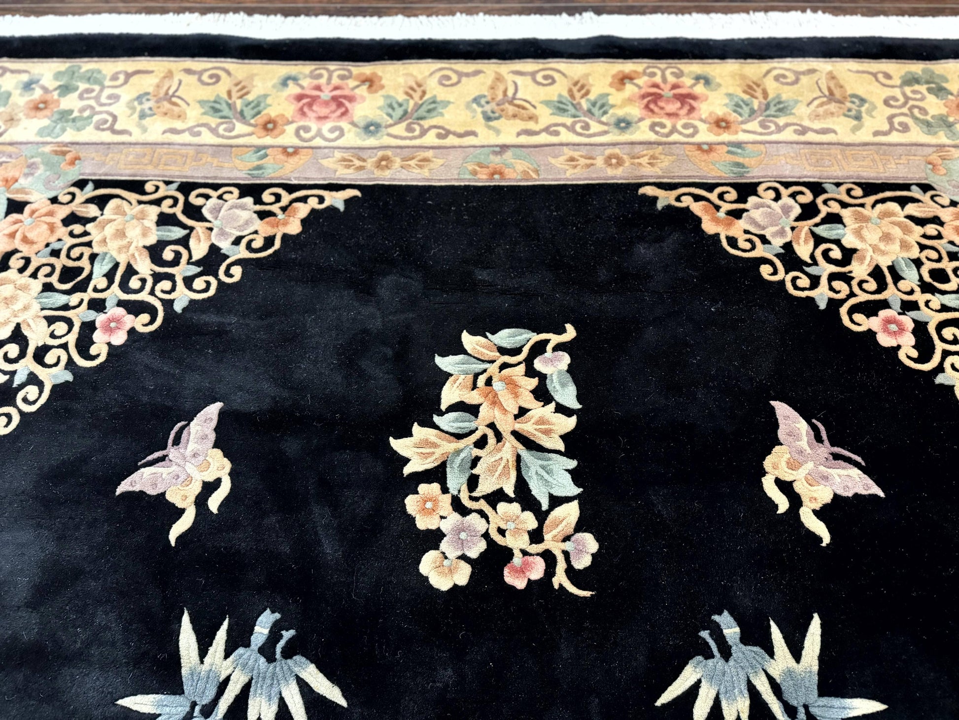 Chinese Wool Rug 9x12, Chinese Carving Carpet, Floral Medallion, Black and Beige, Butterflies, Vintage Asian Oriental Rug, 90 Line Rug - Nuvé