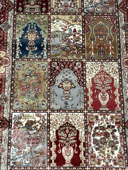 Turkish Silk Runner Rug 2.6 x 11.6, Panel Design, Dark Red Ivory, Bamboo Silk, New - Nuvé