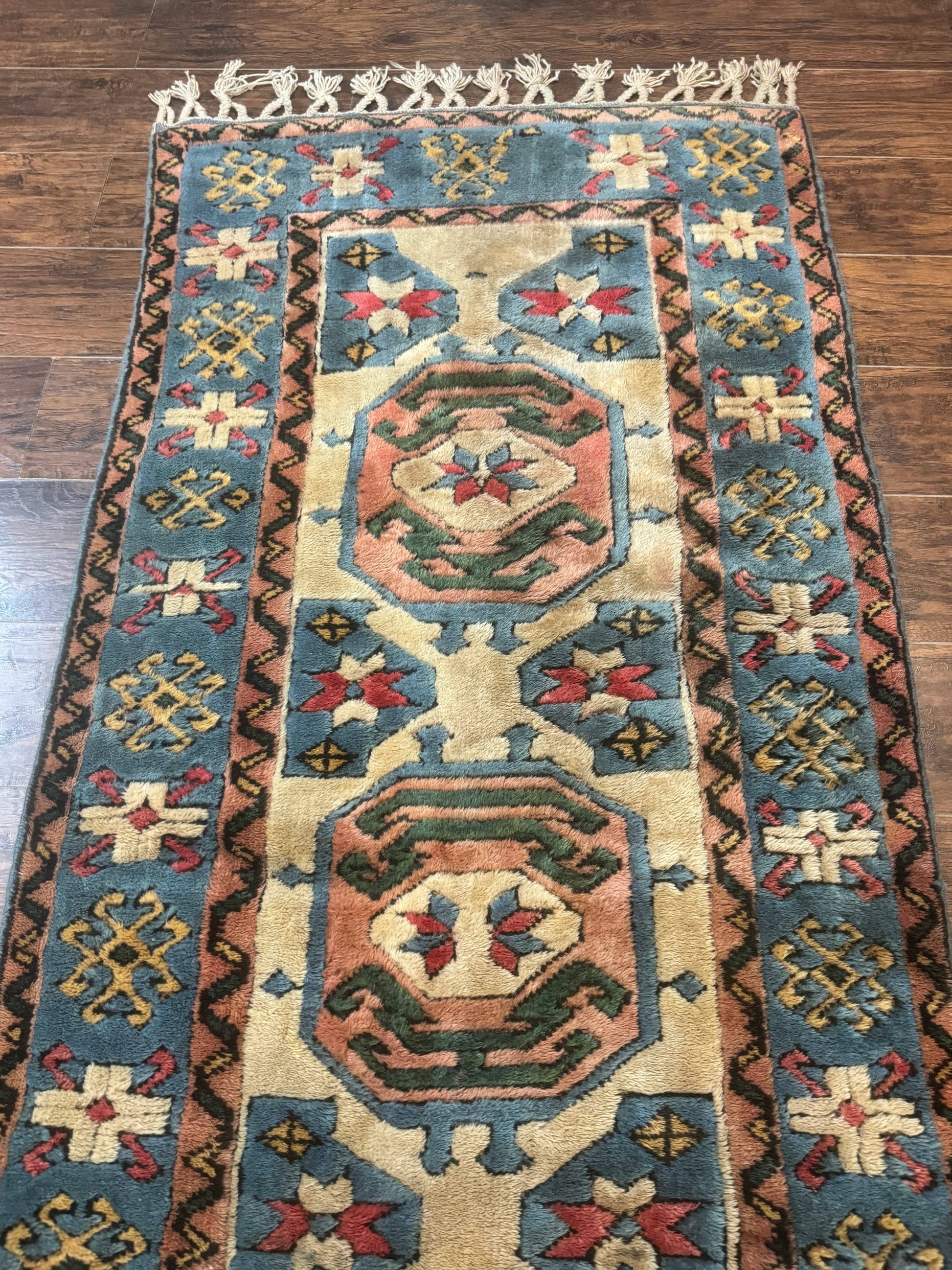 Turkish Kazak Runner Rug 3x11, Cream and Light Blue, Vintage - Nuvé