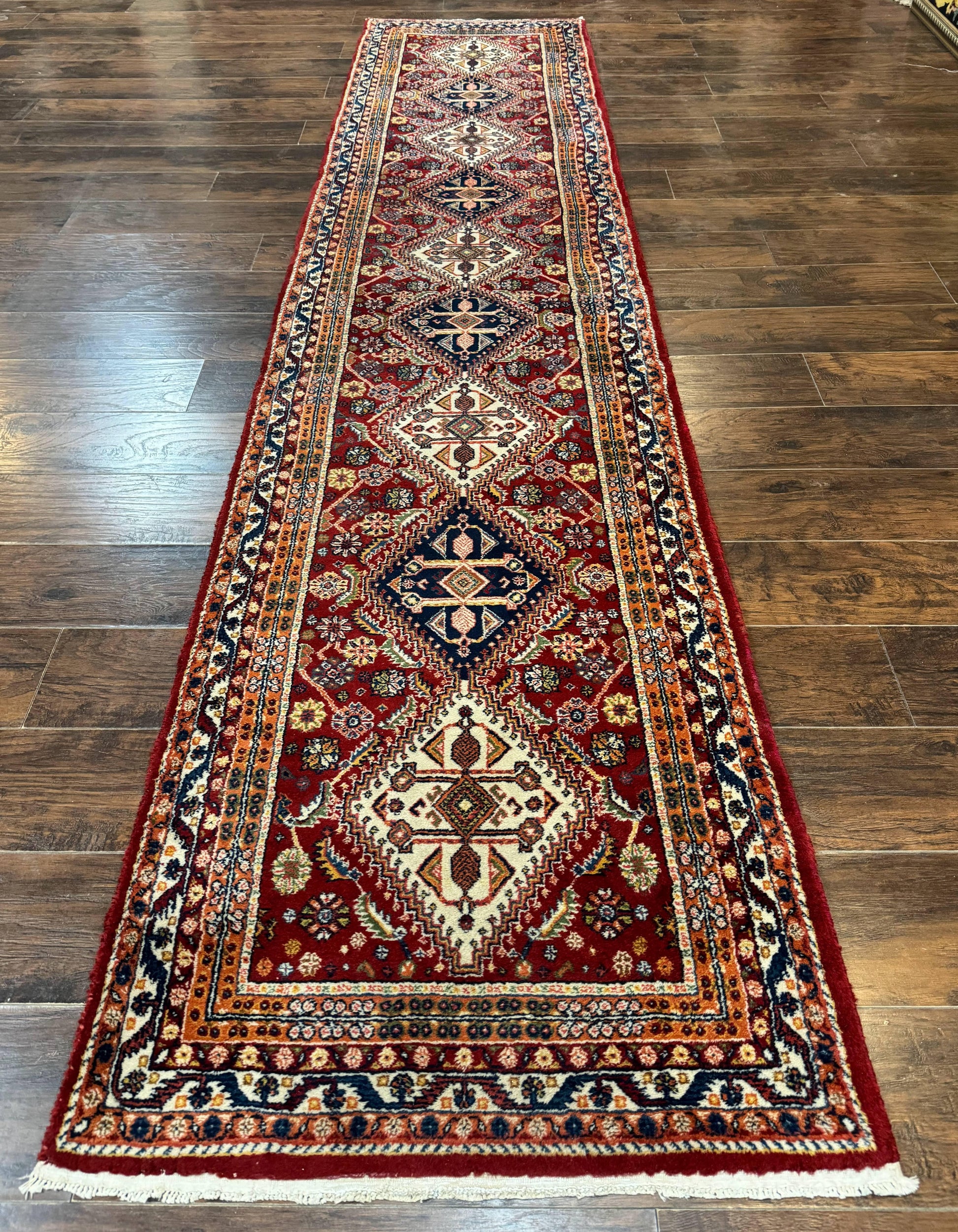 Antique Persian Qashqai Runner Rug 3 x 13 ft, Tribal Runner, Geometric Medallions, Red Ivory Blue, Wool - Nuvé