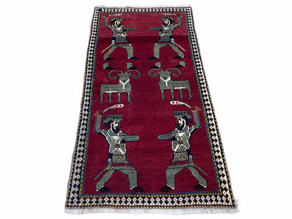 3 X 6 Handmade Wool Rug Tribal Balouch Warriors Deer Animal Pictorial Red Swords - Nuvé