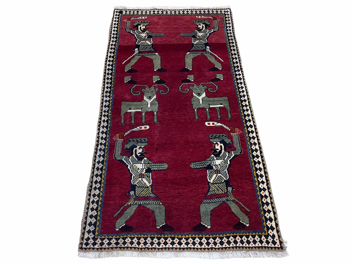 3 X 6 Handmade Wool Rug Tribal Balouch Warriors Deer Animal Pictorial Red Swords