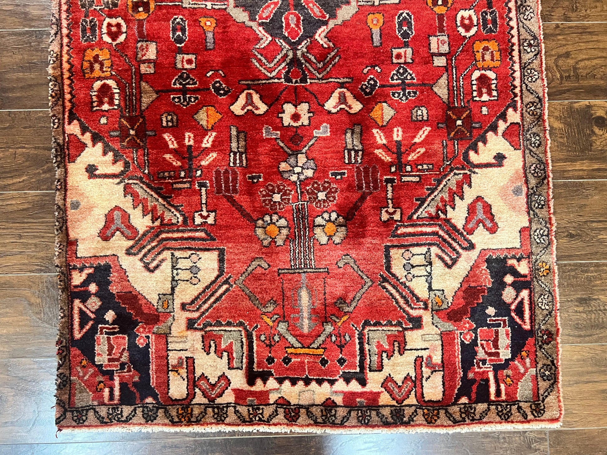Antique Persian Tribal Rug 4 x 8, Geometric Medallion, Boho Rug, Wool Handmade Rug, Red 4x8 Rug, Persian Hamadan Rug - Nuvé
