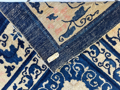 Hand-Knotted Antique Chinese Peking Wool Rug – 9’ x 11’5” – Distressed Blue, 19th Century - Nuvé