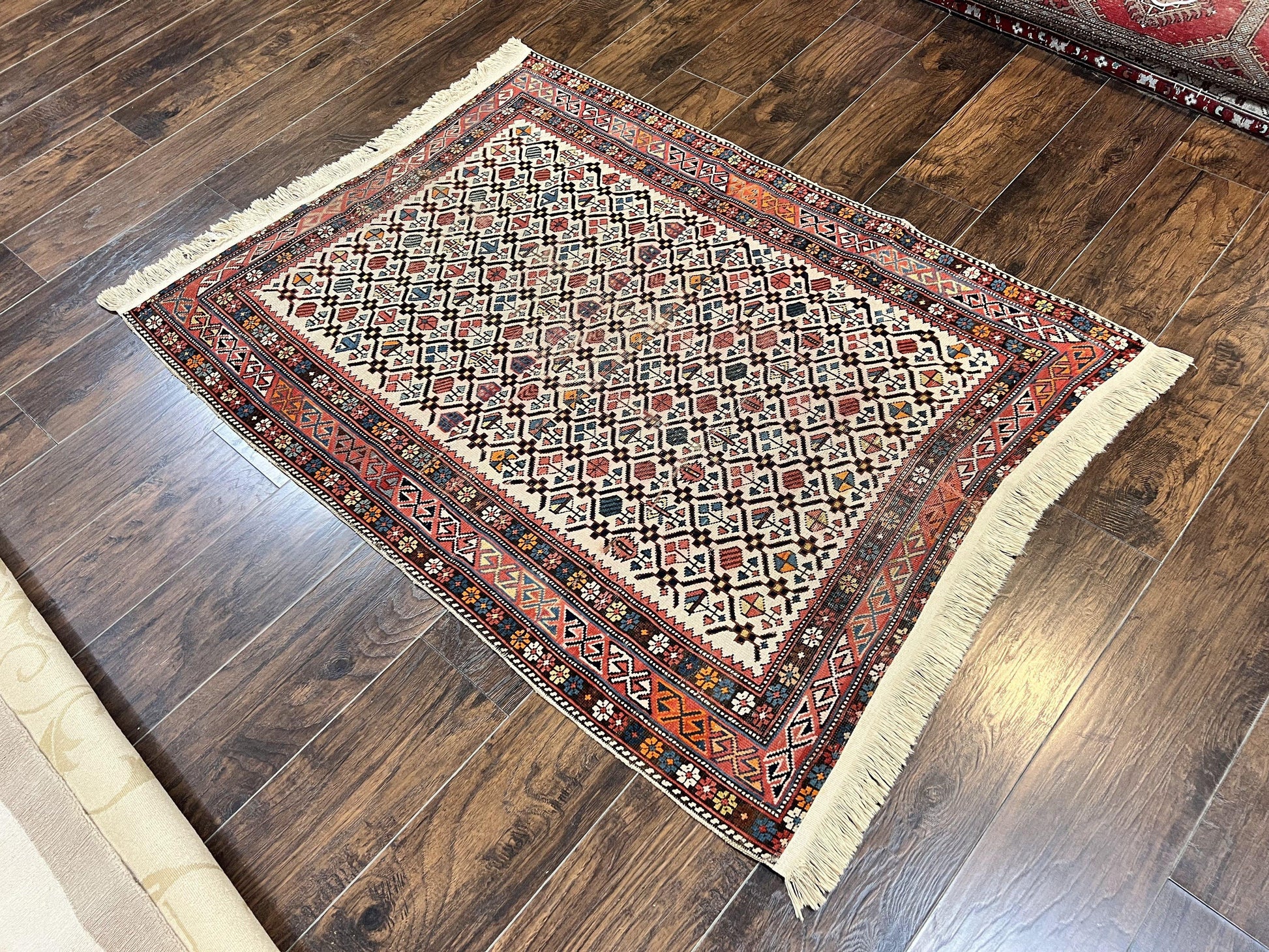 Antique Caucasian Rug 4x5, Hand Knotted Handmade Shirvan Oriental Carpet, Ivory Red Rug Allover Pattern, Rare Wool Rug, Tribal Geometric Rug - Nuvé