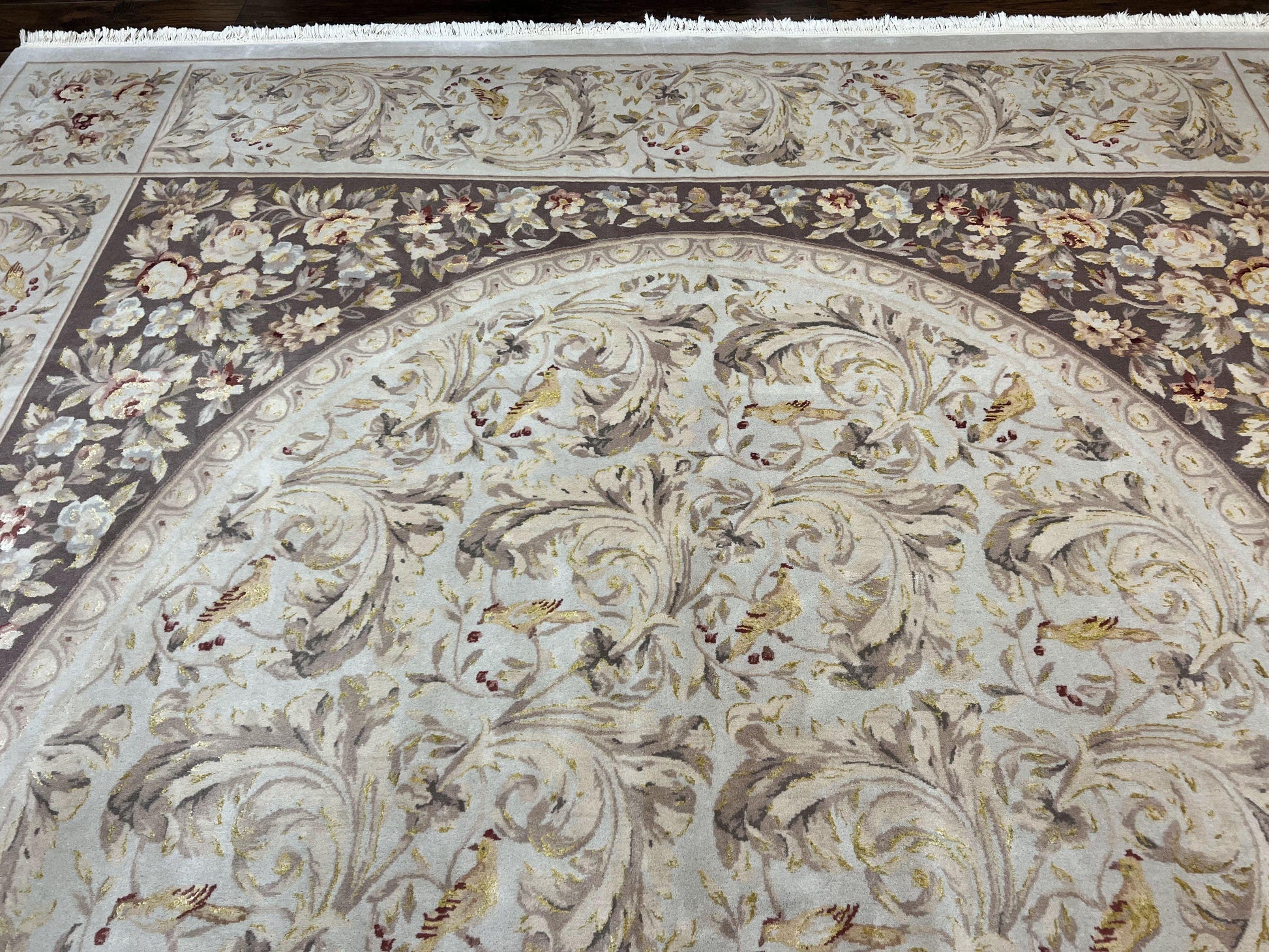 Aubusson Rug 10x14, Wool & Silk Highlights Hand Knotted Vintage Carpet, Birds Flowers, Fine Details, Elegant - Nuvé