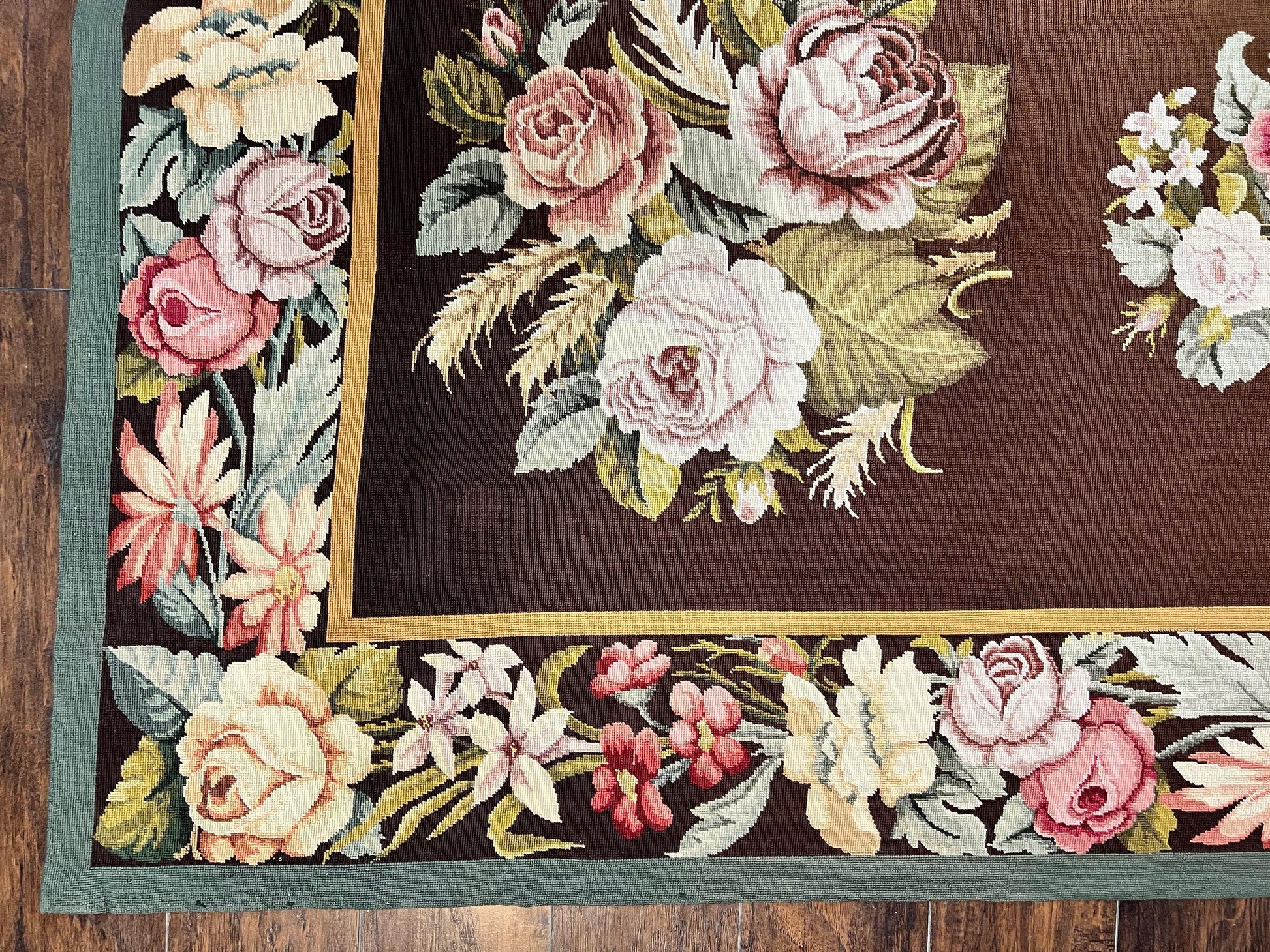 Vintage Needlepoint Rug 9x12, Large Handmade Hand-woven Needlepoint Carpet, Brown Area Rug, Floral Bouquets, Wool Rug, European Design - Nuvé