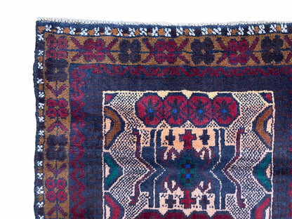 Vintage 3x5 tribal wool rug with red and beige Balouchi design, handmade Afghan rug from Jewel Rugs.