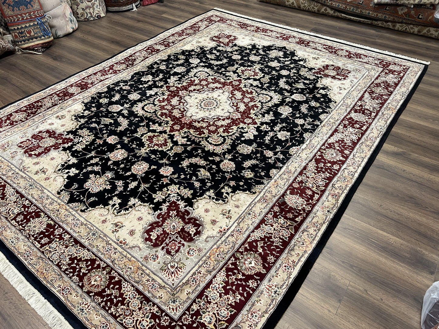 Pak Persian Rug 8.8 x 10.6, Floral Medallion, Wool and Silk Hand Knotted Fine Oriental Carpet, Elegant Rug, Black Gray Burgundy, Room Sized - Nuvé