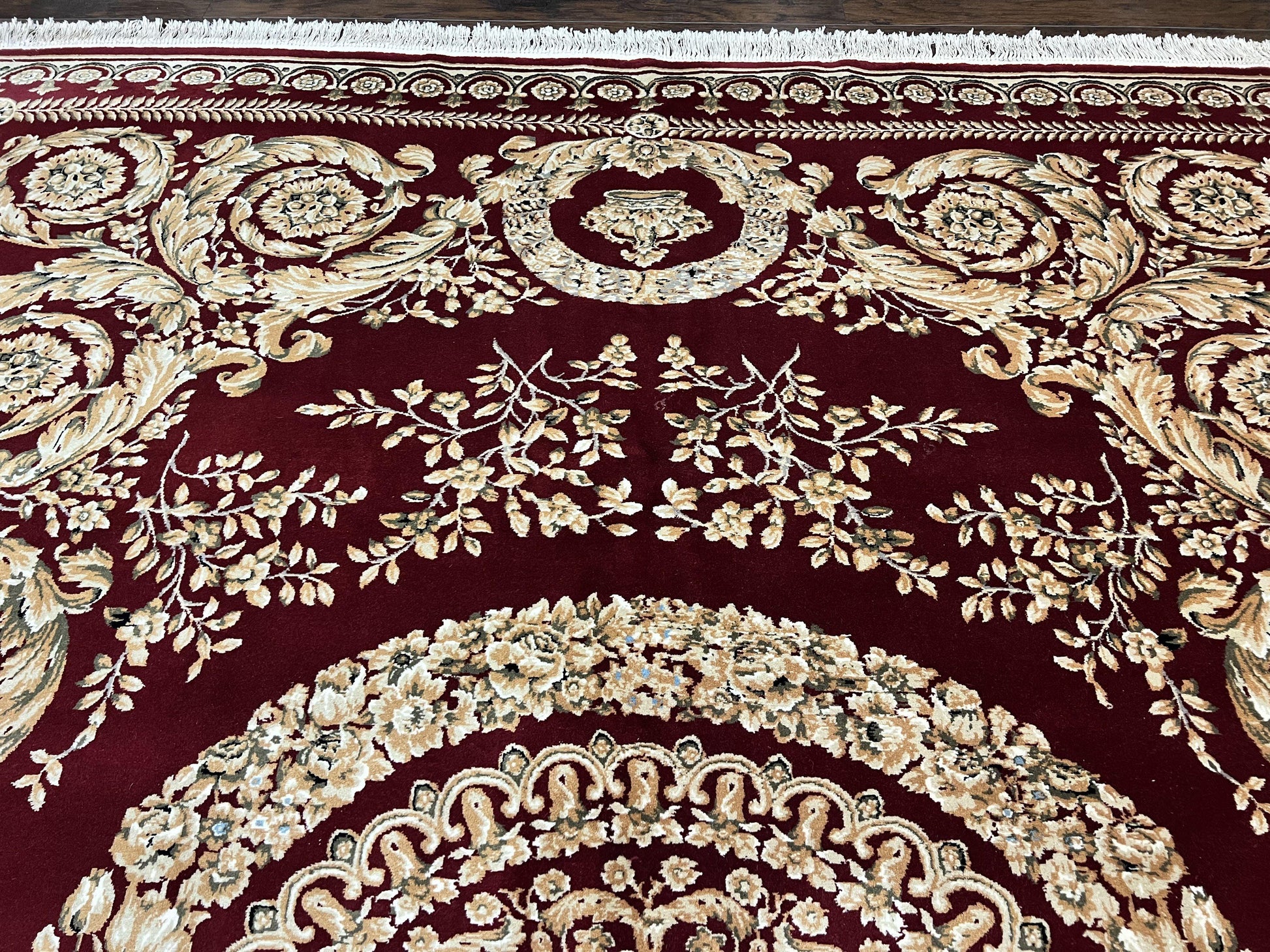 Aubusson Rug 9x12, Wool Handmade Carpet, Elegant French European Design, Dark Maroon Red, 9 x 12 Room Sized Rug, Finely Hand Knotted - Nuvé