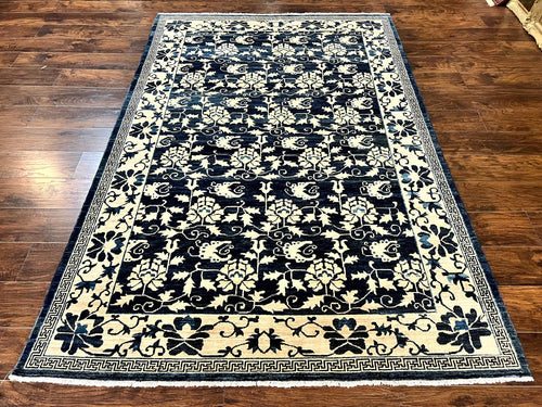 Sino Persian Rug 6x9, Hand Knotted Wool Carpet, Floral Allover, Blue Cream-Tan - Nuvé