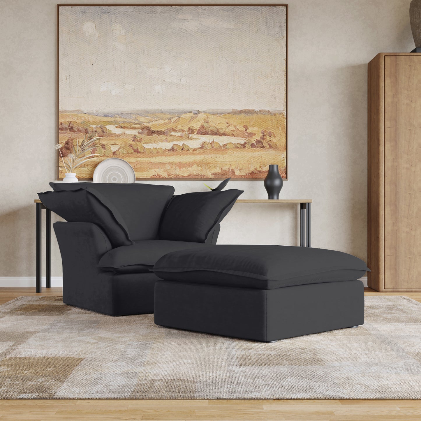 Sabi Modular Boucle Cloud Sofa - Obsidian Black - Single Seater Sofa with Ottoman - Nuvé
