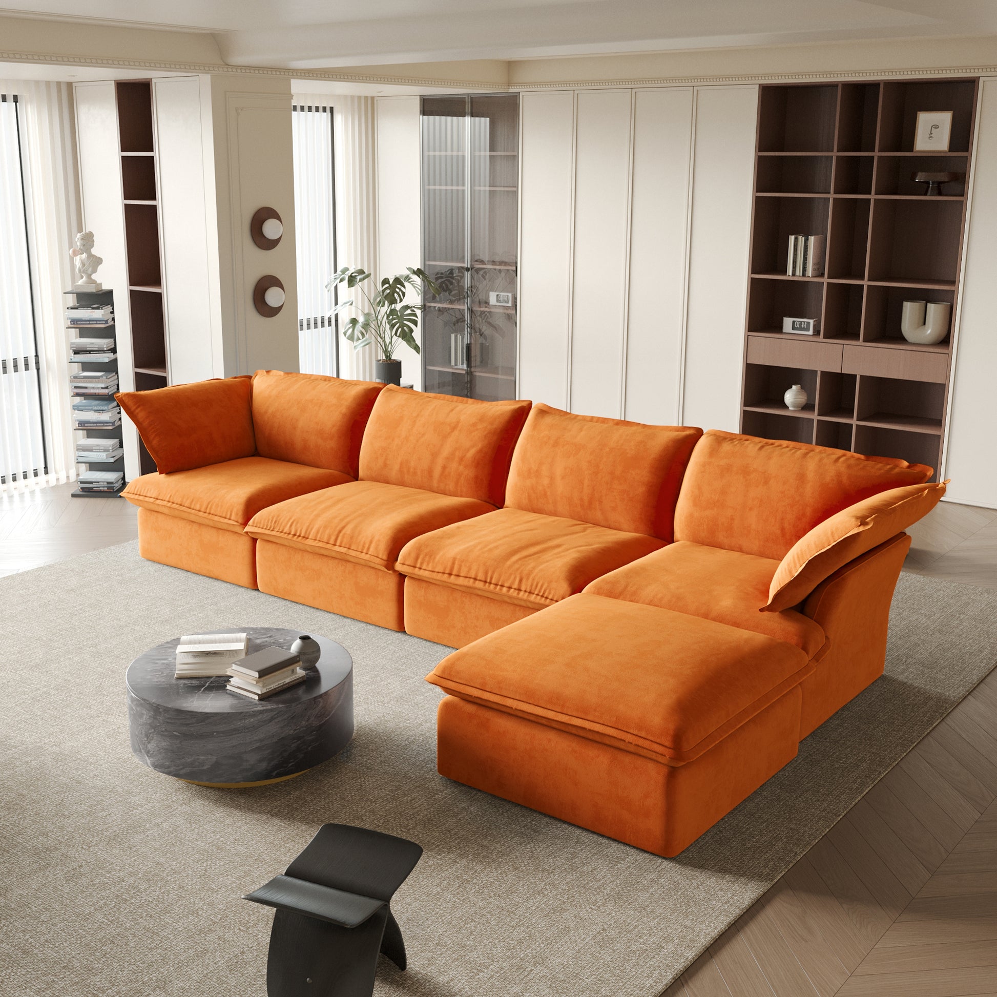 Sabi Modular Boucle Cloud Sofa - Orange - 4-Seater Sectional Sofa with Ottoman - Nuvé