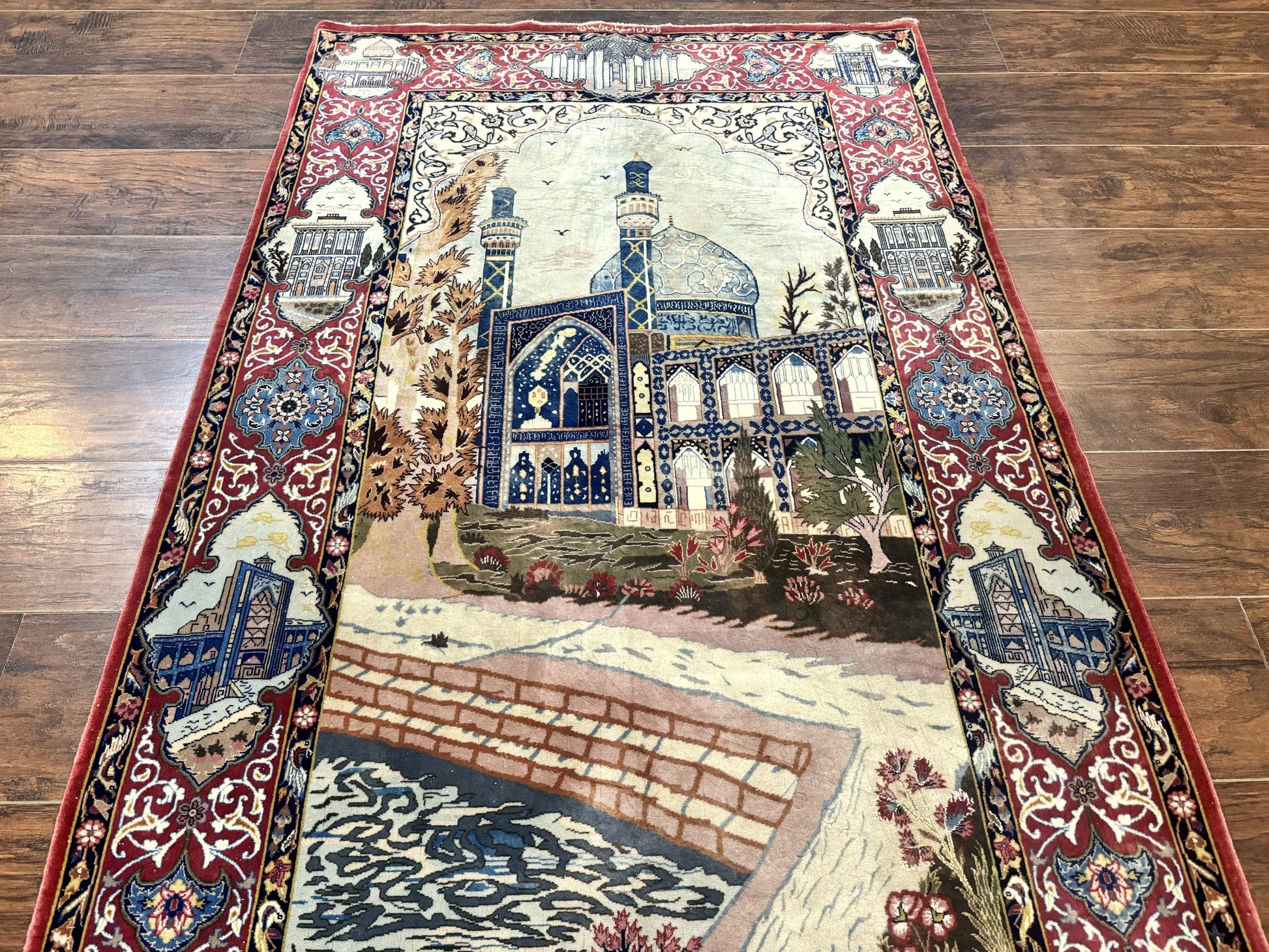 Persian Isfahan Pictorial Rug 3.6 x 5.7, Very Fine 400 KPSI, Historical Buildings, Signed By Masterweaver, Handmade - Nuvé