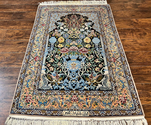 Wonderful Persian Isfahan Rug 3.7 x 5, Kork Wool on Silk Foundation, Very Fine 460 KPSI, Tree of Life Persian Vase Design Animal Pictorials Peacocks - Nuvé