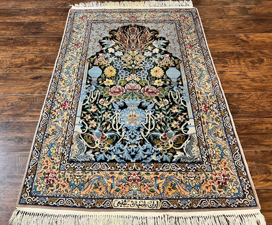 Wonderful Persian Isfahan Rug 3.7 x 5, Kork Wool on Silk Foundation, Very Fine 460 KPSI, Tree of Life Persian Vase Design Animal Pictorials Peacocks - Nuvé
