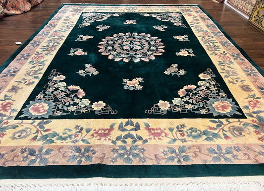 Chinese Art Deco Rug 9x12, Wool Hand Knotted Vintage Carpet, Dark Green & Cream, 90 Line Carving Rug - Nuvé