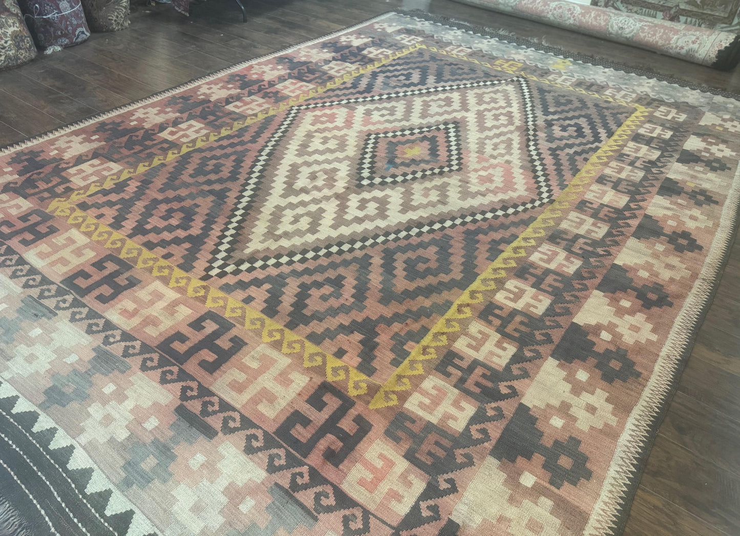 Antique Persian Tribal Kilim Rug 9x12, Zig Zag Pattern Kilim, Zarand Rug, Wool, Earth Tone Colors - Nuvé