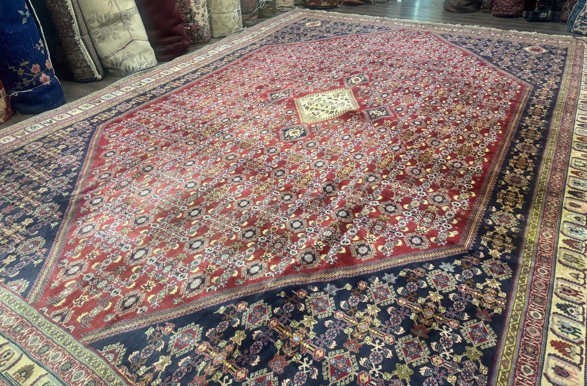 Palace Size Persian Shiraz Rug 13x19, Tribal Rug, Herati Pattern, Brick Red Navy Blue Beige, Oversized Persian Wool Area Rug, Extra Large - Nuvé