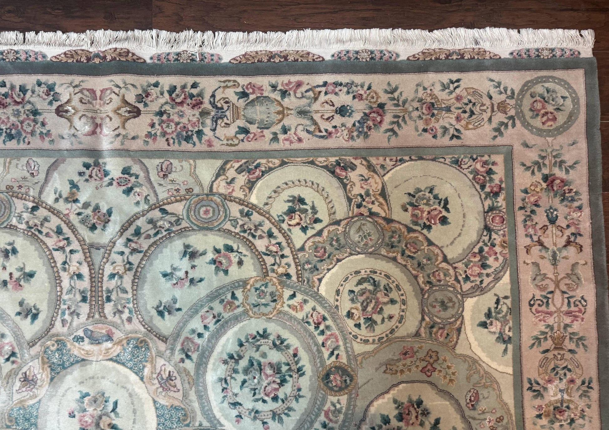 Pak Persian Rug 9x12, Wool with Silk Highlights, European Design, Floral, Green - Nuvé
