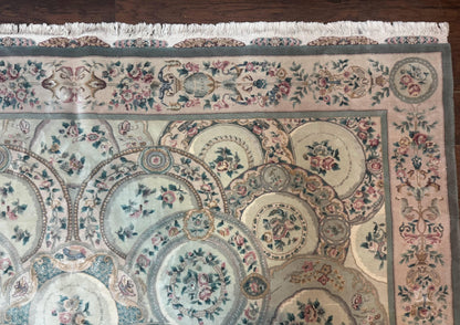 Pak Persian Rug 9x12, Wool with Silk Highlights, European Design, Floral, Green - Nuvé