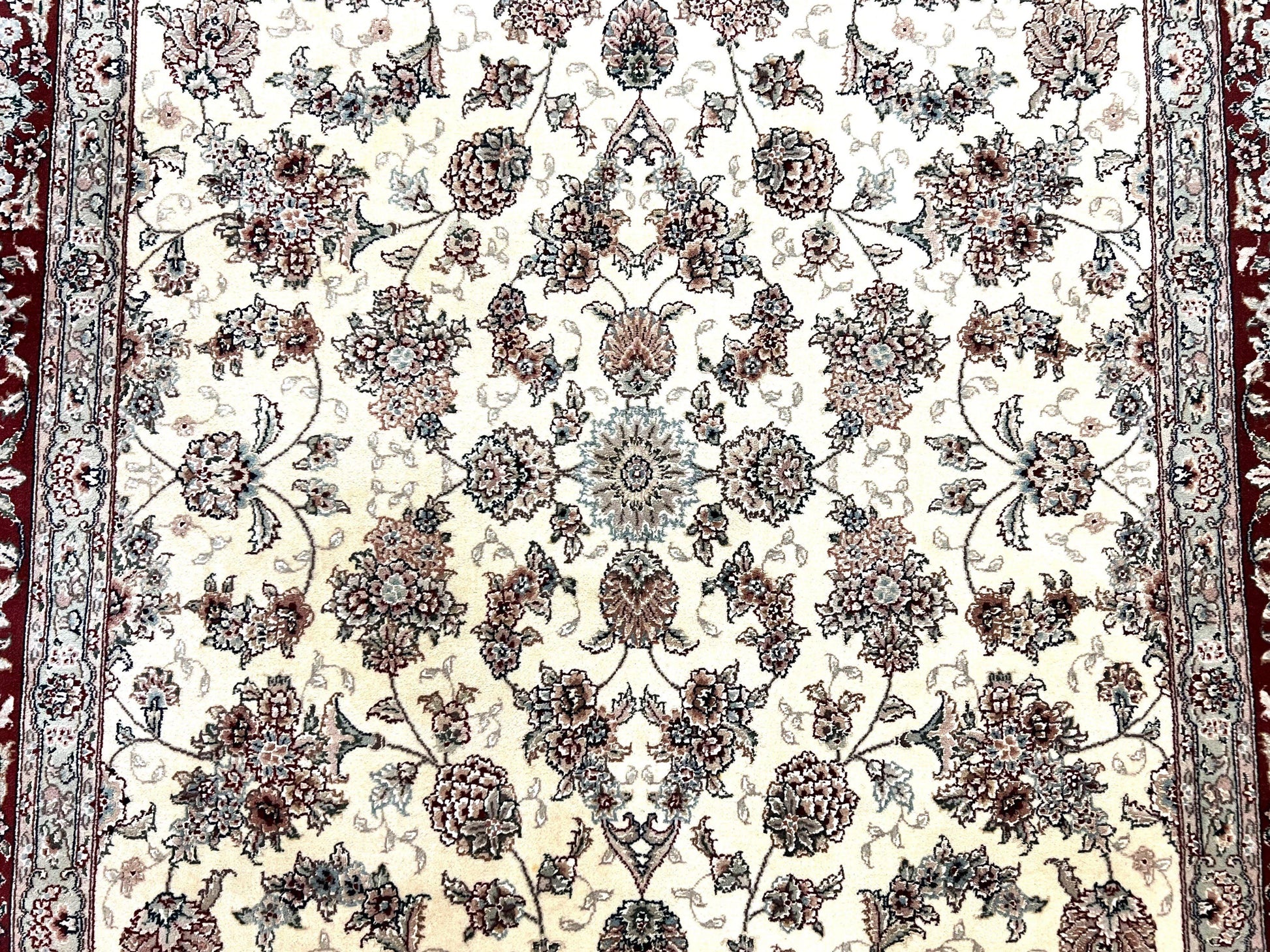 Pak Persian Rug 6x9, Floral Allover Carpet 6 x 9 ft, Cream and Maroon Hand Knotted Wool and Silk Fine Oriental Rug, Traditional Vintage Rug - Nuvé