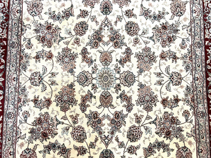 Pak Persian Rug 6x9, Floral Allover Carpet 6 x 9 ft, Cream and Maroon Hand Knotted Wool and Silk Fine Oriental Rug, Traditional Vintage Rug - Nuvé
