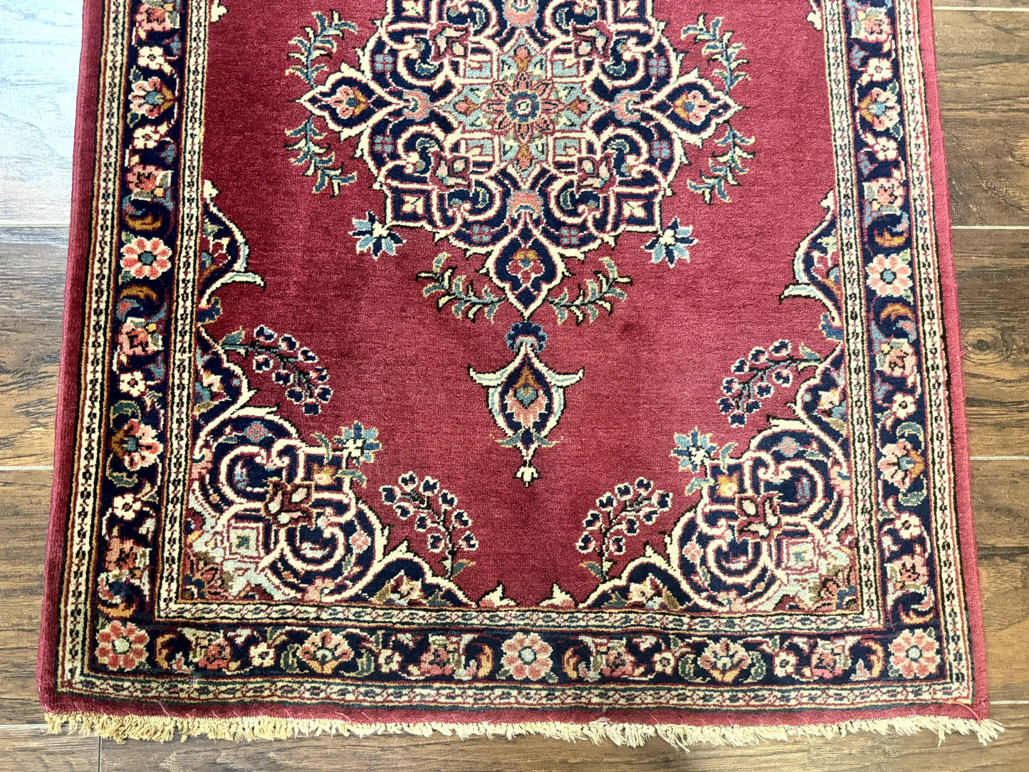 Small Persian Kashan Rug 2x3, Red and Navy Blue, Handmade Vintage Wool Semi Antique Persian Carpet, Semi Open Field, Pair B - Nuvé