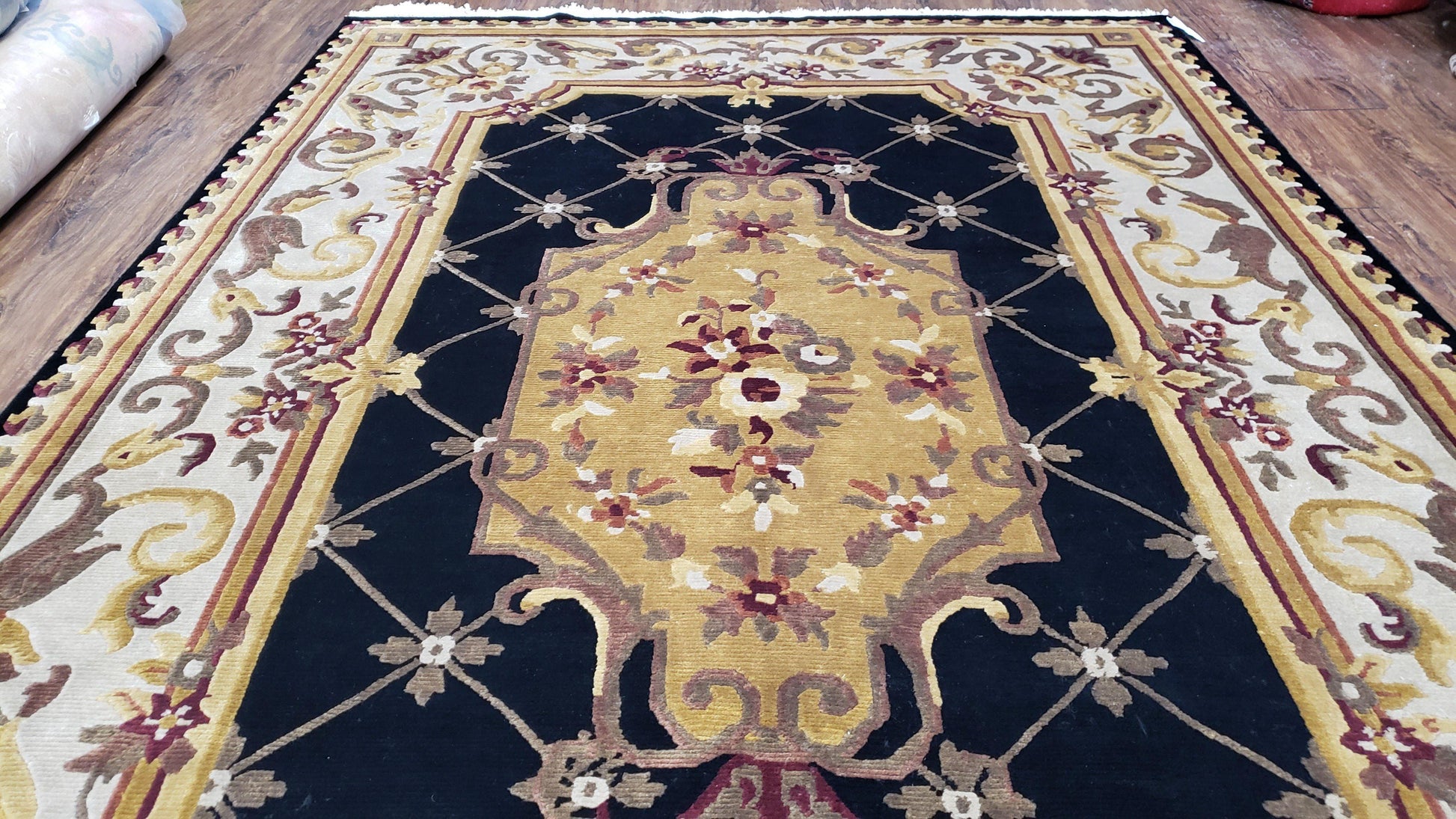6x9 Nepalese Rug, Aubusson Savonnerie Area Rug 6 x 9 with Soft Pile, Hand-Knotted Wool Black & Beige Tibetan New Carpet European Design - Nuvé