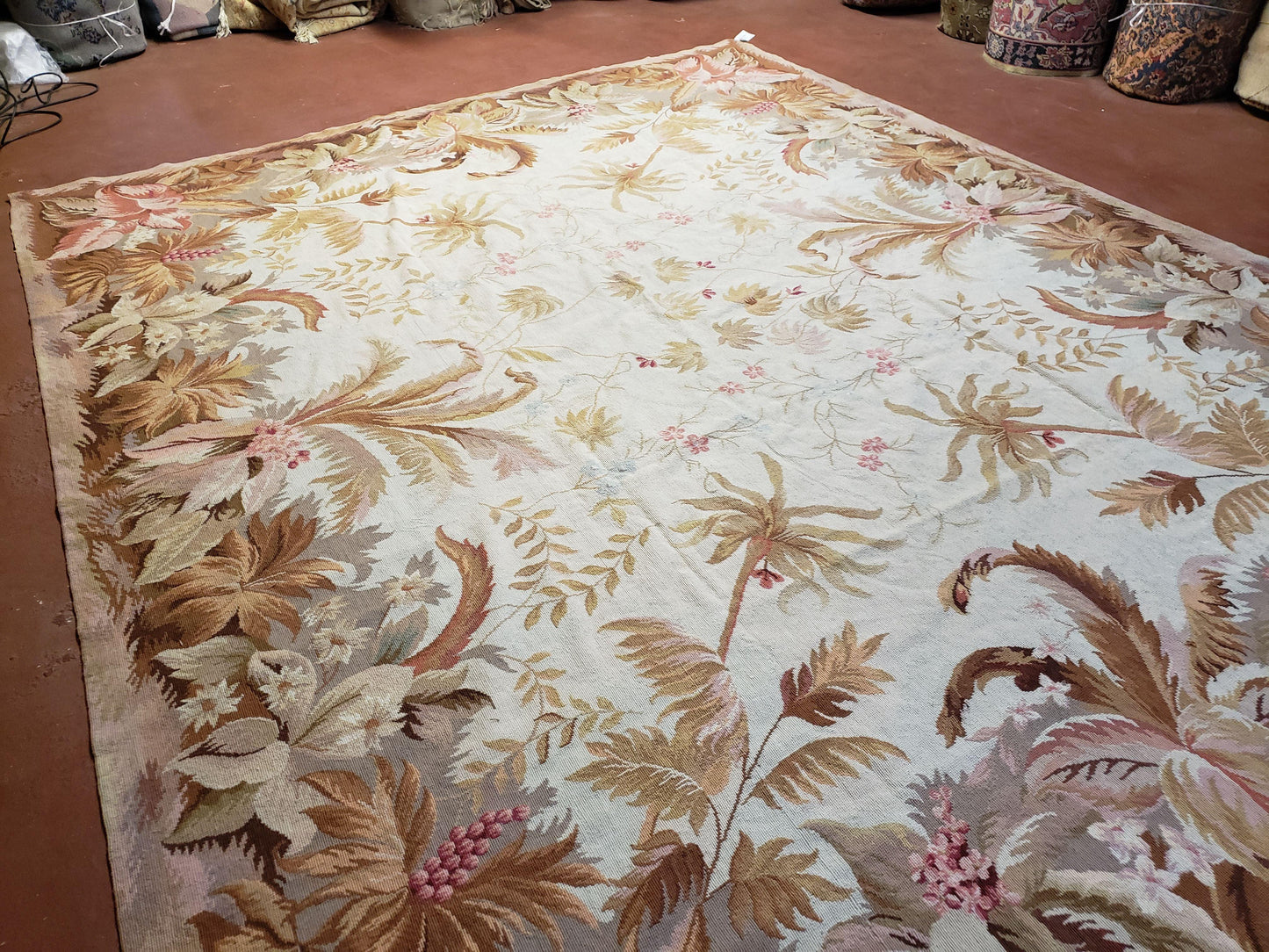 7' 7" x 9' 8" Needlepoint Rug Floral Beige Flat Weave Carpet 8x10 Handmade New Area Rug - Nuvé