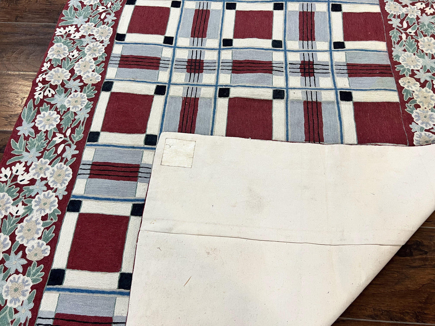 Indian Hand Stitched Rug 4x6, Vintage Carpet, Checkerboard Floral Pattern, Maroon Ivory, Flatweave, Wool - Nuvé